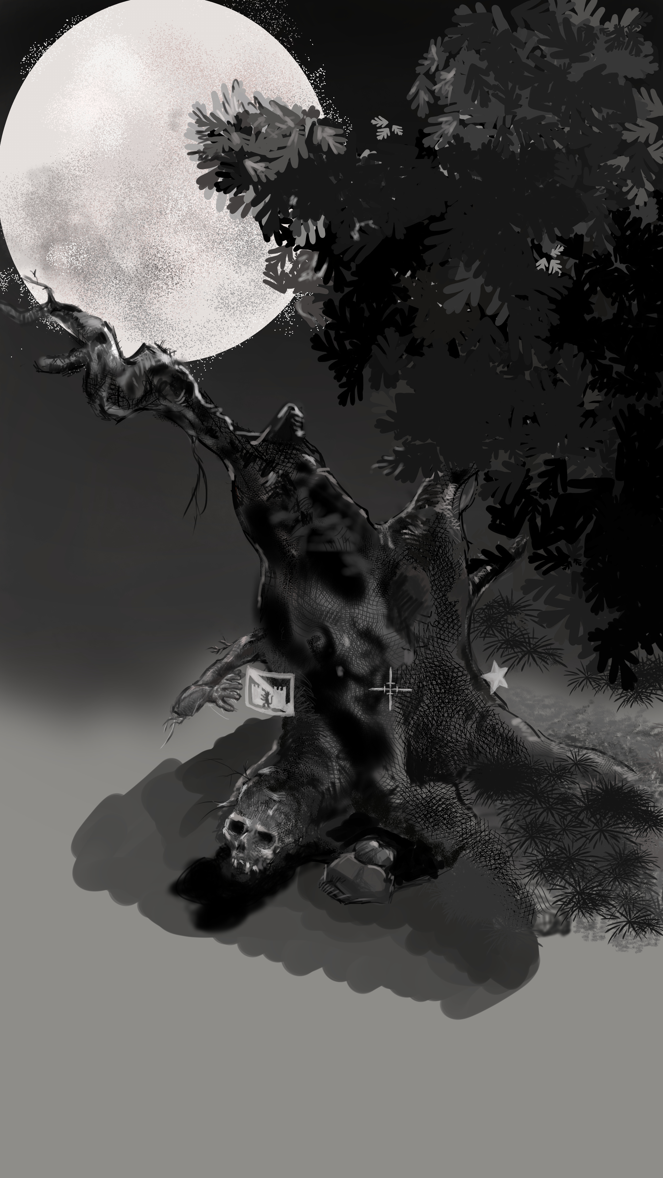 Ilustración oscura de un árbol ancestral bajo la luna, portada de Crónicas de Lahn
