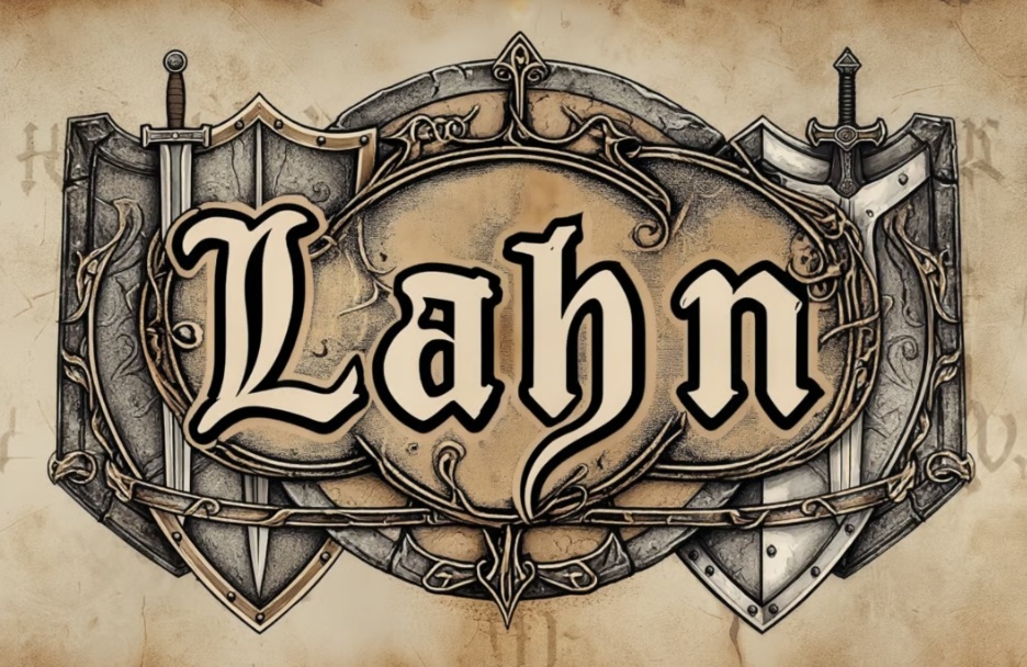 Escudo medieval con la palabra Lahn en tipografía gótica