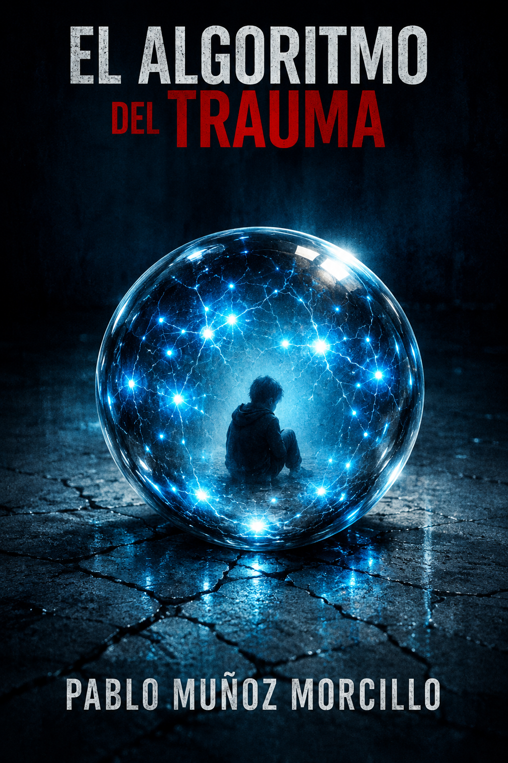 Portada de El Algoritmo del Trauma por Pablo Muñoz Morcillo, niño en esfera de luz digital
